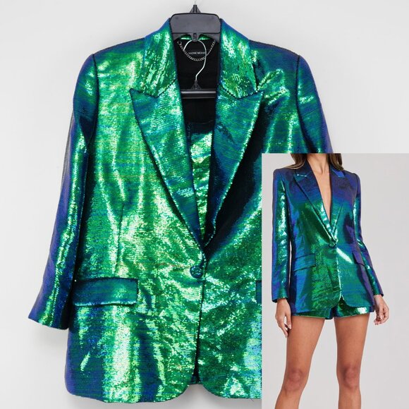 NADINE MERABI Jackets & Blazers - Nadine Merabi Karla Blazer + Shorts Set Sequin Iridescent Green Size XXL 14